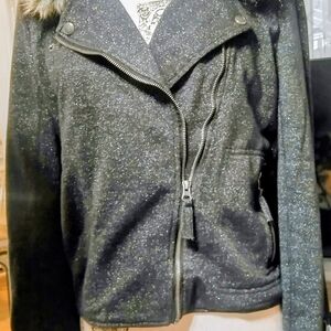 Aeropostale Women's Black Glitter Jacket With Fur Collar And Cuffs,